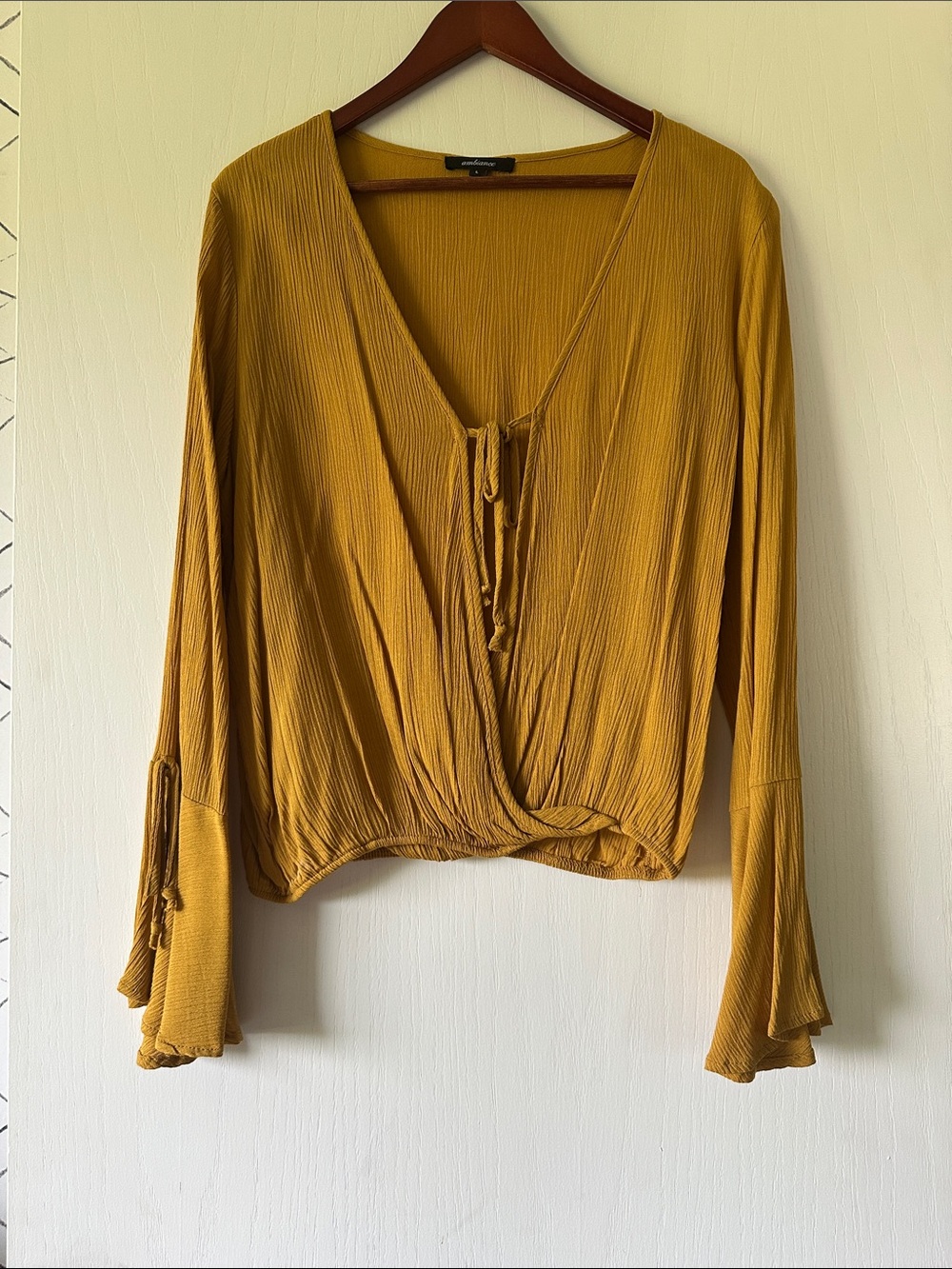 Ambiance Mustard V-Neck Tie-Front Blouse
